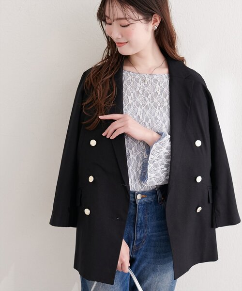 natural couture(ナチュラルクチュール)の「〈osono〉べこべこ金釦綿麻テーラードジャケット(テーラードジャケット・レディース・ネイビー/ブラック/ライトベージュ/ベージュ・FREE)」の6枚目の写真