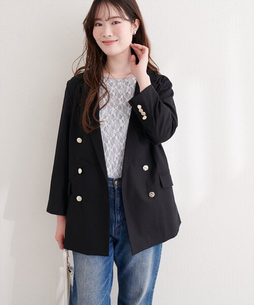 natural couture(ナチュラルクチュール)の「〈osono〉べこべこ金釦綿麻テーラードジャケット(テーラードジャケット・レディース・ネイビー/ブラック/ライトベージュ/ベージュ・FREE)」の7枚目の写真