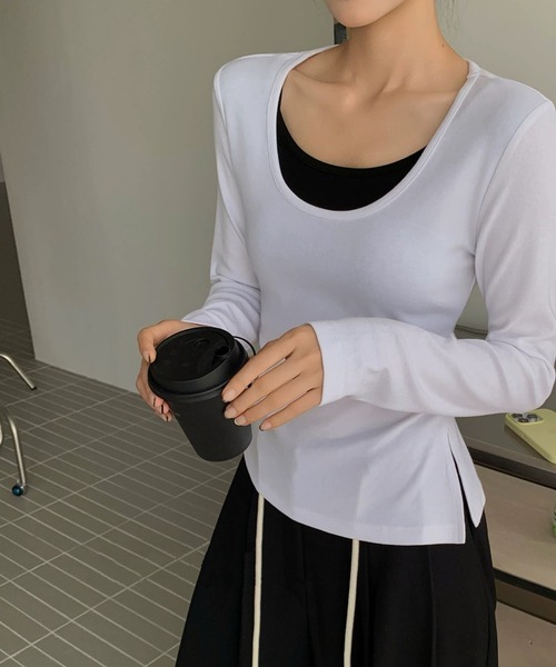somnium(ソムニウム)の「レイヤード風リブトップス / レディース 重ね着風カットソー 長袖 韓国ファッション(Tシャツ/カットソー・レディース・ホワイト/ライトグレー/ブラック・FREE)」の1枚目の写真