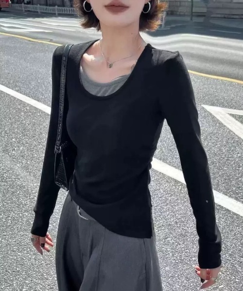 somnium(ソムニウム)の「レイヤード風リブトップス / レディース 重ね着風カットソー 長袖 韓国ファッション(Tシャツ/カットソー・レディース・ホワイト/ライトグレー/ブラック・FREE)」の2枚目の写真