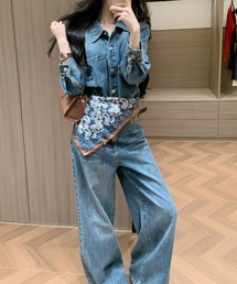 スカーフ付きデニム襟付きシングルブレストセットアップ