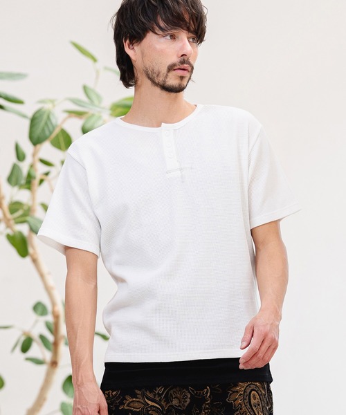 CAMBIO(カンビオ)の「mt10463-ワッフルヘンリーTシャツ(26A-14130CM)(Tシャツ/カットソー・メンズ・オフホワイト/ミックスグレー/ブラック・M/L/XL)」の4枚目の写真