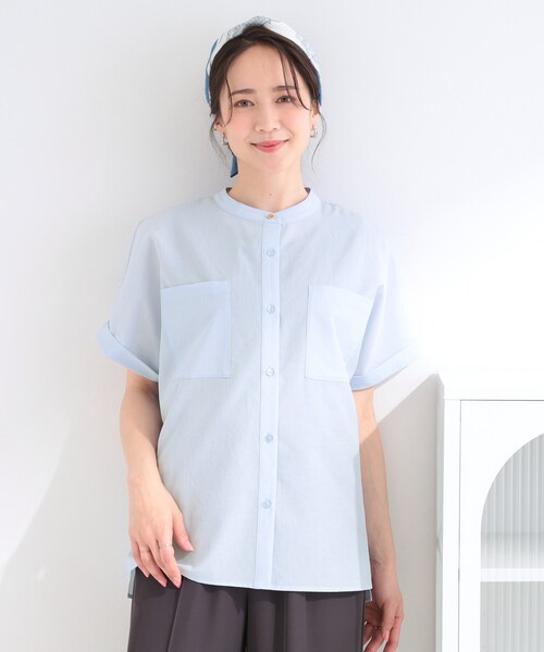 SHOO・LA・RUE(シューラルー)の「【さらり快適/洗濯機可/S-LL】風が通り抜ける 半袖バンドカラーシアーシャツ(シャツ/ブラウス・レディース・ライトイエロー系/ネイビー/オフホワイト/ライトブルー/ブラウン系その他・02/01/04/03)」の20枚目の写真