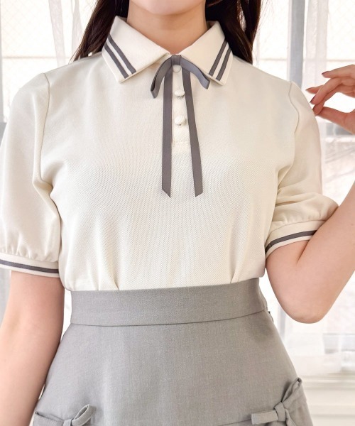F i.n.t(フィント)の「リボンタイ付きライン入りポロシャツ/fint フィント(ポロシャツ・レディース・レッド/グリーン/オフホワイト・FREE)」の7枚目の写真