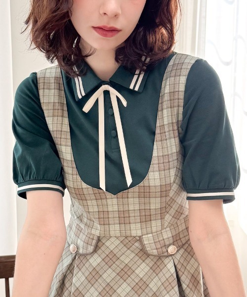 F i.n.t(フィント)の「リボンタイ付きライン入りポロシャツ/fint フィント(ポロシャツ・レディース・レッド/グリーン/オフホワイト・FREE)」の10枚目の写真