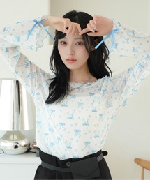 袖リボンシアーメロートップス