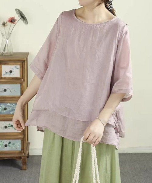 AMAJI(アマジ)の「ラウンドネック 二重構造 半袖 リネンブラウス(シャツ/ブラウス・レディース・ライトパープル/ホワイト/ブラック・MEDIUM/LARGE/X-LARGE)」の6枚目の写真