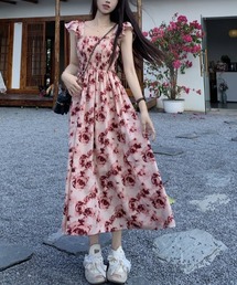 ローズ柄 フレアスリーブ シフォン ワンピース