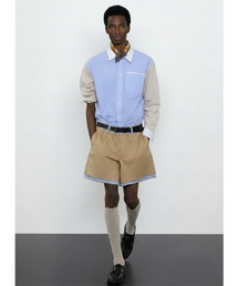 ANDEND（エンデンド）の「カットアップレイヤードストライプショートパンツ_ベージュ（その他パンツ）」