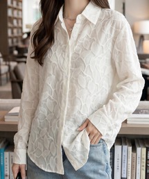 リーフジャカードシアーシャツ 長袖 オーバーサイズ シースルー シャツブラウス レギュラーカラー 羽織り 透け感 上品 大人カジュアル