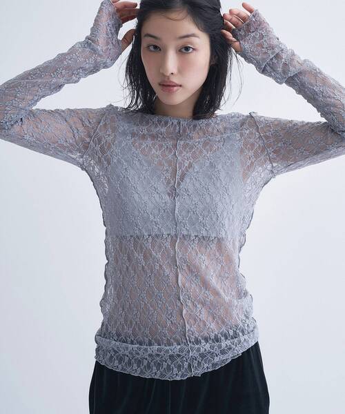 CODE A(コードエー)の「【ReRe】stretch lace tops(Tシャツ/カットソー・レディース・パープル/ホワイト/ライトグレー・00)」の6枚目の写真