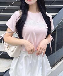 ビジュー飛ばし袖リボンレースロゴTシャツ