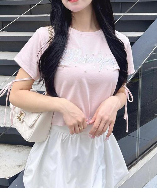 INGNI（イング）の「ビジュー飛ばし袖リボンレースロゴTシャツ（Tシャツ/カットソー・レディース・ブラック×ホワイト/ホワイト×ピンク/ピンク系7・M）」の3枚目の写真