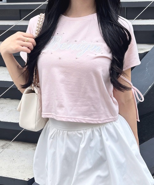 INGNI（イング）の「ビジュー飛ばし袖リボンレースロゴTシャツ（Tシャツ/カットソー・レディース・ブラック×ホワイト/ホワイト×ピンク/ピンク系7・M）」の4枚目の写真