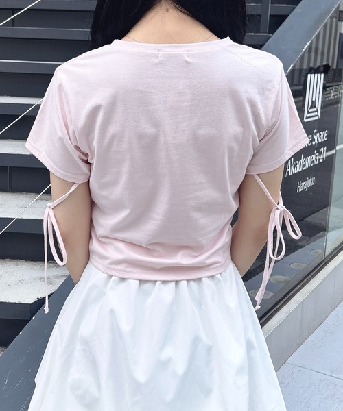 INGNI（イング）の「ビジュー飛ばし袖リボンレースロゴTシャツ（Tシャツ/カットソー・レディース・ブラック×ホワイト/ホワイト×ピンク/ピンク系7・M）」の6枚目の写真