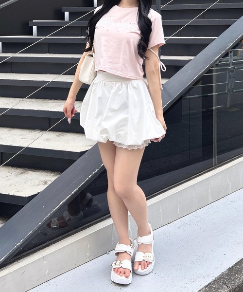 INGNI（イング）の「ビジュー飛ばし袖リボンレースロゴTシャツ（Tシャツ/カットソー・レディース・ブラック×ホワイト/ホワイト×ピンク/ピンク系7・M）」の7枚目の写真