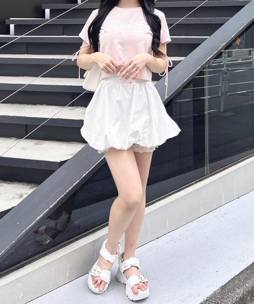 INGNI（イング）の「ビジュー飛ばし袖リボンレースロゴTシャツ（Tシャツ/カットソー・レディース・ブラック×ホワイト/ホワイト×ピンク/ピンク系7・M）」の8枚目の写真