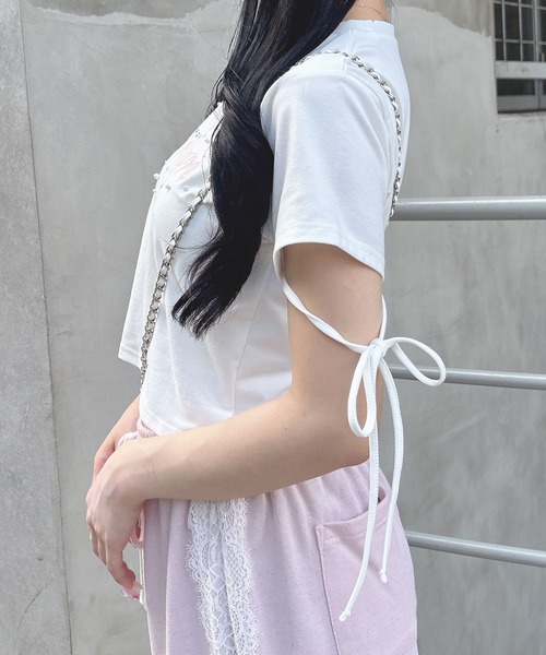 INGNI（イング）の「ビジュー飛ばし袖リボンレースロゴTシャツ（Tシャツ/カットソー・レディース・ブラック×ホワイト/ホワイト×ピンク/ピンク系7・M）」の16枚目の写真