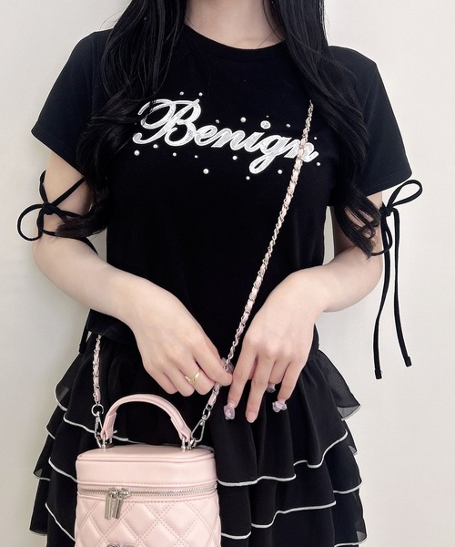 INGNI（イング）の「ビジュー飛ばし袖リボンレースロゴTシャツ（Tシャツ/カットソー・レディース・ブラック×ホワイト/ホワイト×ピンク/ピンク系7・M）」の9枚目の写真