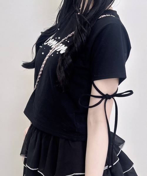 INGNI（イング）の「ビジュー飛ばし袖リボンレースロゴTシャツ（Tシャツ/カットソー・レディース・ブラック×ホワイト/ホワイト×ピンク/ピンク系7・M）」の10枚目の写真