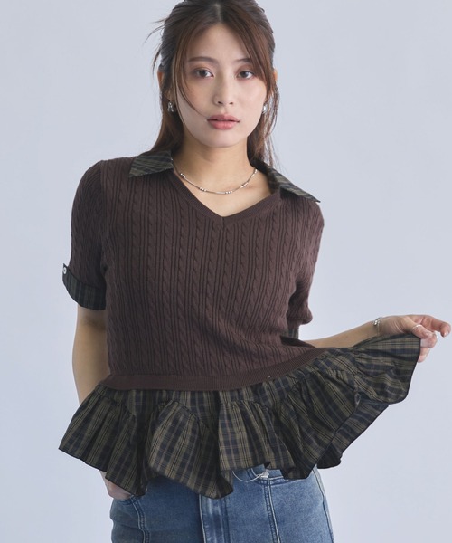 archives(アルシーヴ)の「ラウンドチェックシャツレイヤードVネックニットPO(ニット/セーター・レディース・ブラウン/グレー/アイボリー・MEDIUM)」の3枚目の写真