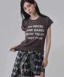 スタッズ付き フロントロゴプリントルーズTシャツ