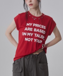 スタッズ付き フロントロゴプリントルーズTシャツ