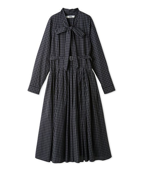 FURFUR(ファーファー)の「【限定サイズ】ベルト付きボウタイワンピース(ワンピース・レディース・ドット/チェック/ネイビー・F)」の3枚目の写真