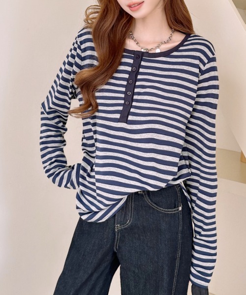 Ada.(エイダ)の「配色ボーダー ヘンリーネック カットソー(Tシャツ/カットソー・レディース・ネイビー/ホワイト/グレー・FREE)」の7枚目の写真