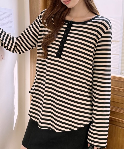 Ada.(エイダ)の「配色ボーダー ヘンリーネック カットソー(Tシャツ/カットソー・レディース・ネイビー/ホワイト/グレー・FREE)」の18枚目の写真