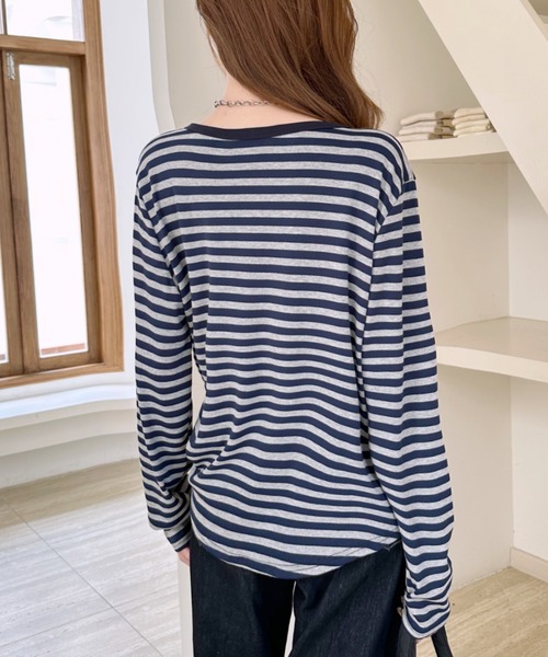 Ada.(エイダ)の「配色ボーダー ヘンリーネック カットソー(Tシャツ/カットソー・レディース・ネイビー/ホワイト/グレー・FREE)」の10枚目の写真