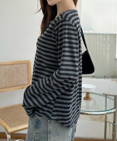 Ada.(エイダ)の「配色ボーダー ヘンリーネック カットソー(Tシャツ/カットソー・レディース・ネイビー/ホワイト/グレー・FREE)」の12枚目の写真