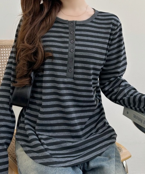 Ada.(エイダ)の「配色ボーダー ヘンリーネック カットソー(Tシャツ/カットソー・レディース・ネイビー/ホワイト/グレー・FREE)」の14枚目の写真