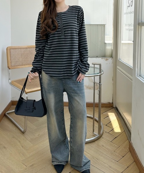 Ada.(エイダ)の「配色ボーダー ヘンリーネック カットソー(Tシャツ/カットソー・レディース・ネイビー/ホワイト/グレー・FREE)」の15枚目の写真