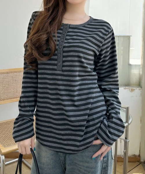 Ada.(エイダ)の「配色ボーダー ヘンリーネック カットソー(Tシャツ/カットソー・レディース・ネイビー/ホワイト/グレー・FREE)」の16枚目の写真