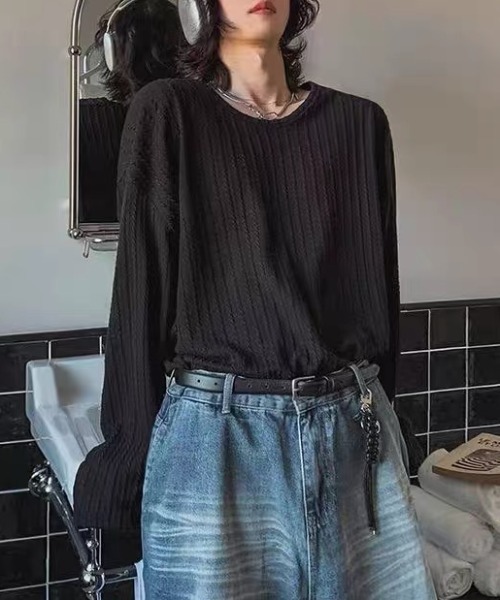 CELENA BEATS（セレナビーツ）の「ケーブル ジャガード シアー クルーネック 長袖 トップス（Tシャツ/カットソー・メンズ・ブラック・S/M/L）」の2枚目の写真