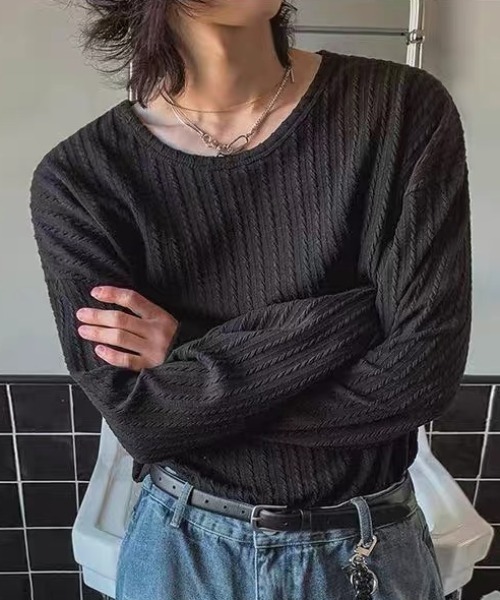 CELENA BEATS（セレナビーツ）の「ケーブル ジャガード シアー クルーネック 長袖 トップス（Tシャツ/カットソー・メンズ・ブラック・S/M/L）」の6枚目の写真