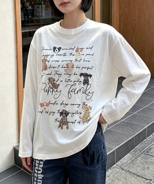 セール】わんちゃんプリントクルーネック長袖カットソー（Tシャツ