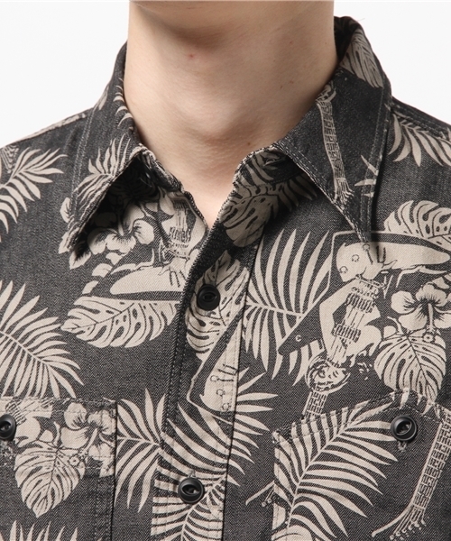 HYSTERIC GLAMOUR（ヒステリックグラマー）の「TROPIC GUITAR総柄 長袖ワークSH（シャツ/ブラウス・メンズ・ブルー系その他/ブラック系その他・SMALL/LARGE/MEDIUM）」の9枚目の写真
