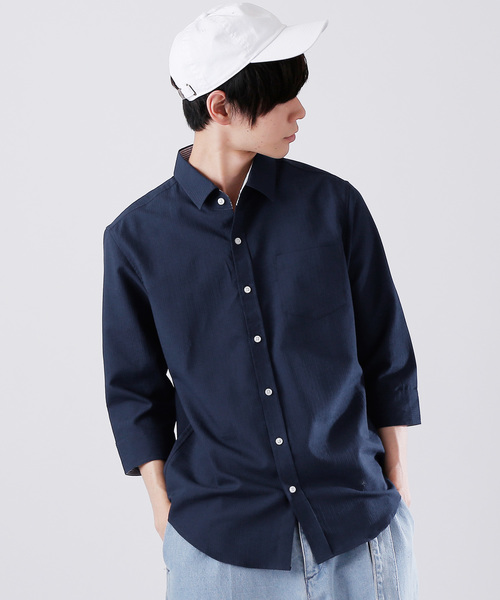 MONO-MART（モノマート）の「7分袖ストレッチシアサッカーシャツ(LINEN COTTON fabric)（シャツ/ブラウス・メンズ・ホワイト/ブラック/ネイビー/ストライプ・M/L）」の4枚目の写真