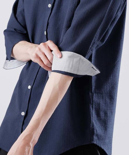 MONO-MART（モノマート）の「7分袖ストレッチシアサッカーシャツ(LINEN COTTON fabric)（シャツ/ブラウス・メンズ・ホワイト/ブラック/ネイビー/ストライプ・M/L）」の10枚目の写真