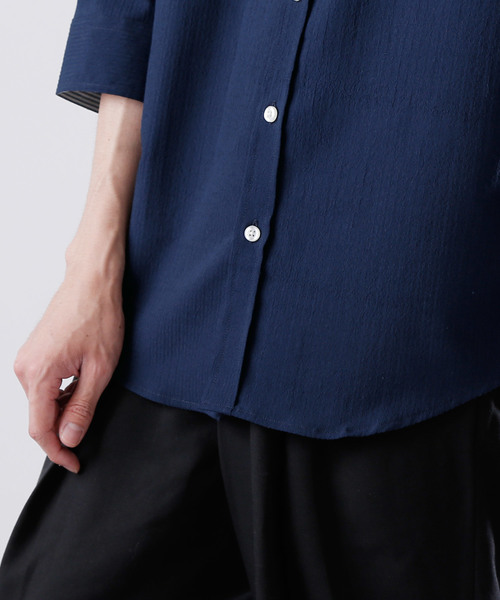 MONO-MART（モノマート）の「7分袖ストレッチシアサッカーシャツ(LINEN COTTON fabric)（シャツ/ブラウス・メンズ・ホワイト/ブラック/ネイビー/ストライプ・M/L）」の11枚目の写真