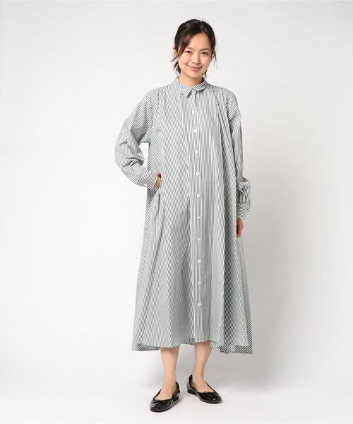ストライプポロシャツフレアワンピース 裾フレアポロシャツワンピース＜大きいサイズ有＞シックスタイル