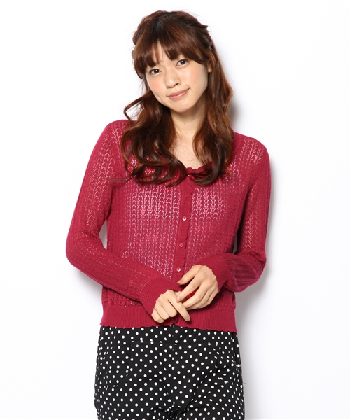 one after another NICE CLAUP（ワンアフターアナザーナイスクラップ）の「【ナイスクラップ】ｱｲﾚｯﾄｶｰﾃﾞｨｶﾞﾝ（カーディガン/ボレロ・レディース・オフホワイト/ナチュラル/ピンク系その他/パープル系その他/ブラック・FREE）」の5枚目の写真