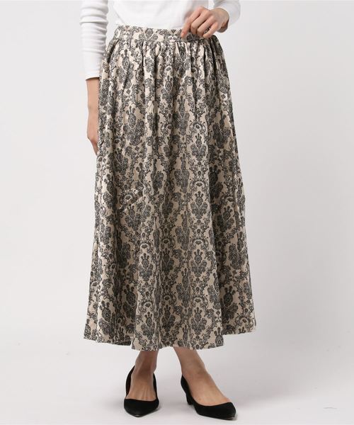 Green　Parks（グリーンパークス）の「ジャカートギャザーボリュームフレアスカート（スカート・レディース・ブラック/ベージュ/その他6・FREE）」の3枚目の写真