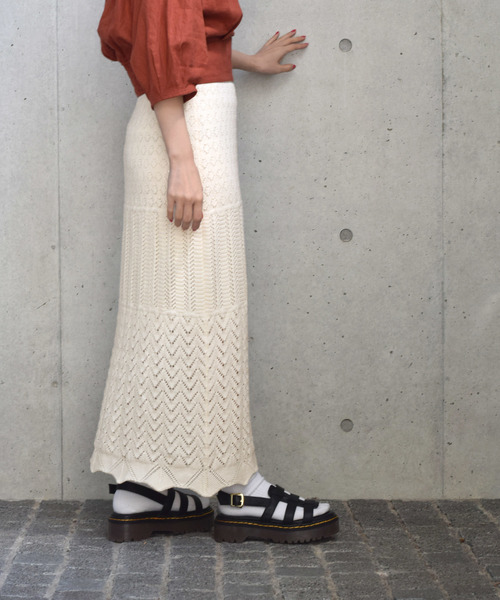 w closet（ダブルクローゼット）の「パネル柄透かし編みロングスカート（スカート・レディース・ホワイト/オレンジ系その他/ライトベージュ・FREE）」の19枚目の写真