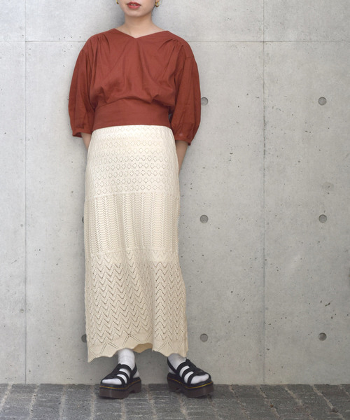 w closet（ダブルクローゼット）の「パネル柄透かし編みロングスカート（スカート・レディース・ホワイト/オレンジ系その他/ライトベージュ・FREE）」の12枚目の写真