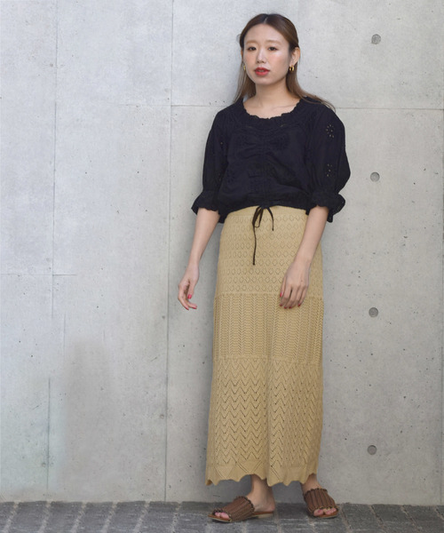 w closet（ダブルクローゼット）の「パネル柄透かし編みロングスカート（スカート・レディース・ホワイト/オレンジ系その他/ライトベージュ・FREE）」の14枚目の写真