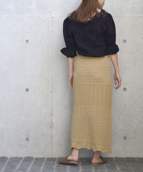 w closet（ダブルクローゼット）の「パネル柄透かし編みロングスカート（スカート・レディース・ホワイト/オレンジ系その他/ライトベージュ・FREE）」の11枚目の写真