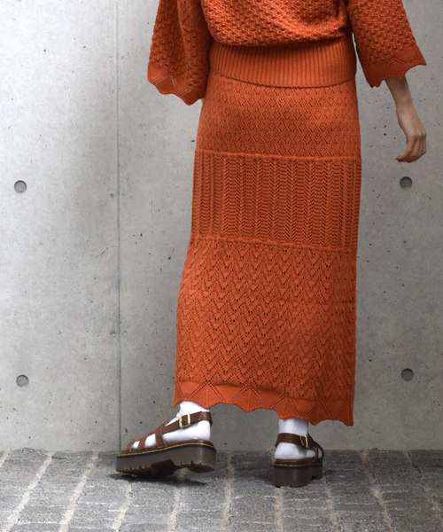w closet（ダブルクローゼット）の「パネル柄透かし編みロングスカート（スカート・レディース・ホワイト/オレンジ系その他/ライトベージュ・FREE）」の8枚目の写真